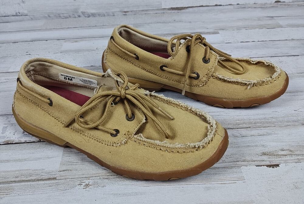 Twisted X Womens Driving Moccasins 8M Khaki Canvas Moc Toe Boat Shoes WDM0050